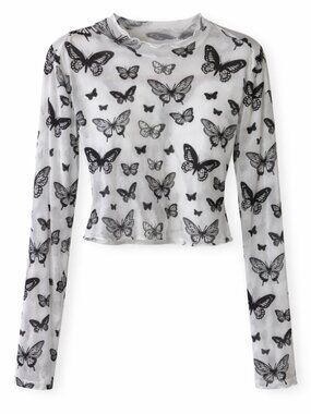 🛍️ 3/10 Unknown Brand Sheer Mesh Butterfly Print Crop Top Fits Like XL